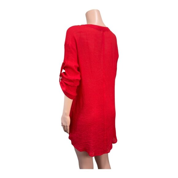 Umgee Women SZ M- Red Woven Knit Top Tunic Pullover Roll Tap Sleeve Faux Pockets - Picture 11 of 15